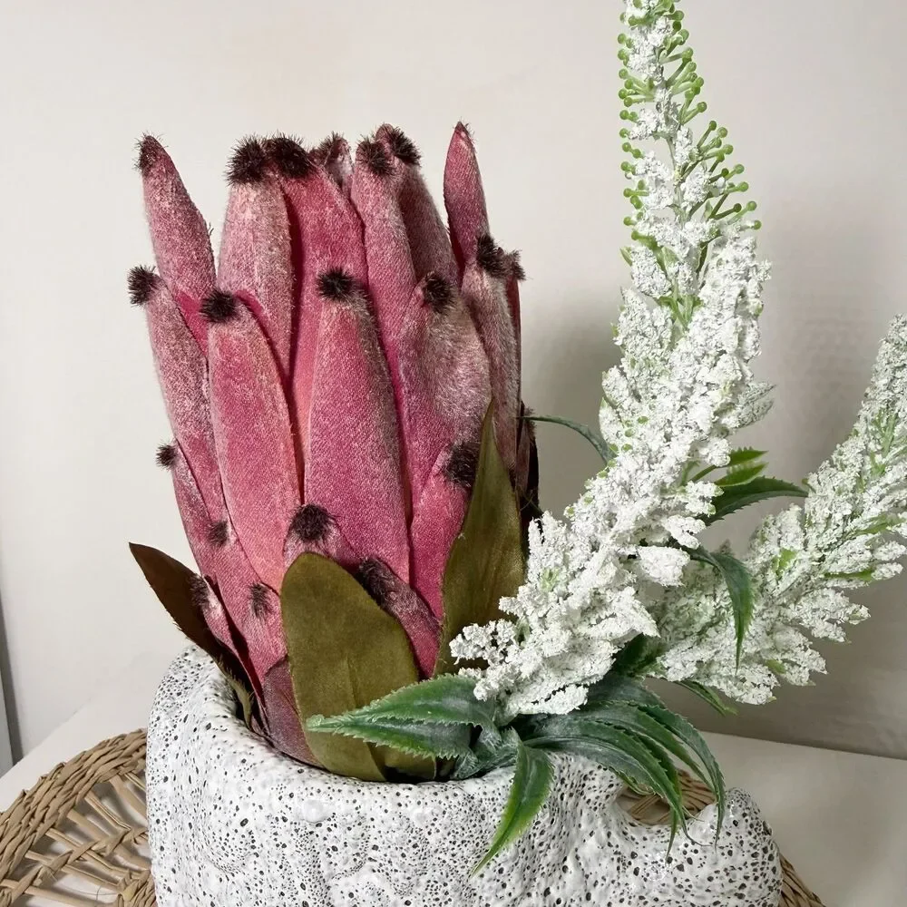 Handmade Artificial Pink Protea in Textured Fish Planter Arrangement